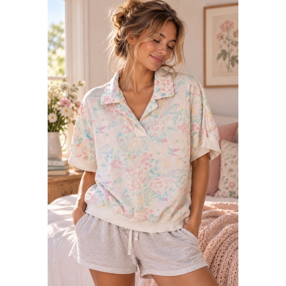 Vintage Land n Sea Pastel Floral Polo Top Short Sleeve Banded Hem Blouson Small